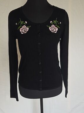 Collectif Black Cardigan Sweater With Pink Rose Embroidery UK14